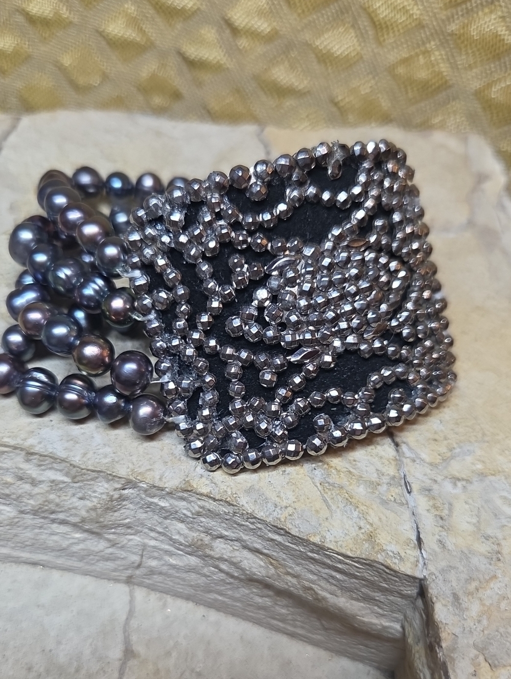 Antique Art Deco Buckle With Peacock Freshwater Pearl Bracelet Up cycled